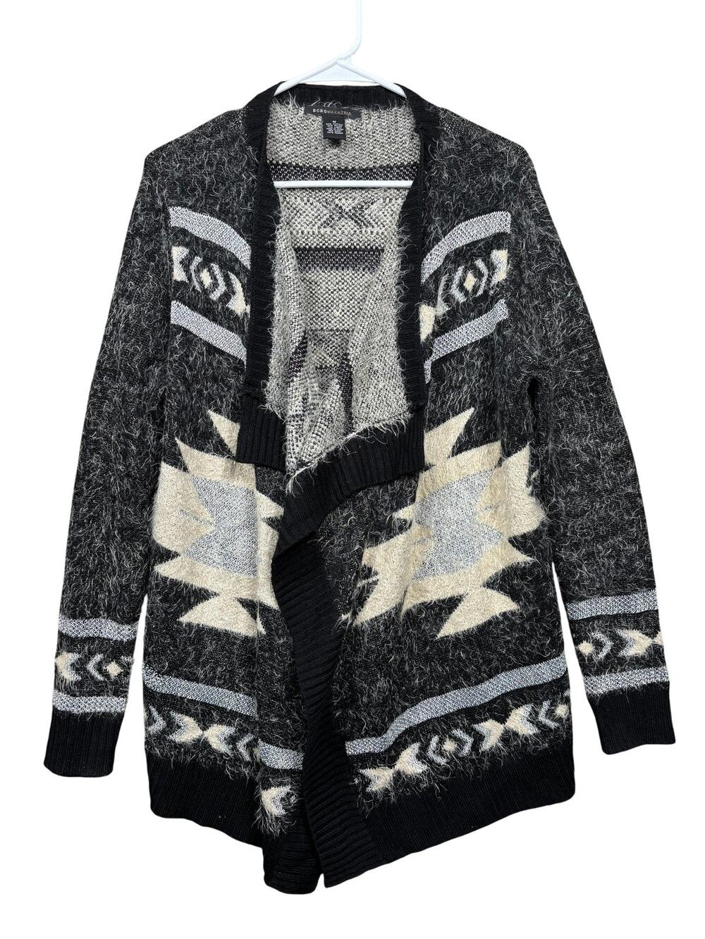 BCBGMAXAZRIA Cardigan Sweater Womens Sz M Black Aztec Geometric Open Fuzzy Knit